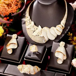 Necklace Earrings Set GODKI SUPER LUXURY 4PCS Bicolor BIG For Women Wedding Handmade ROSE FLOWER Charms Dubai Bridal Jewelry