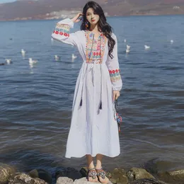 Casual Dresses Pengpious Fashion Women Dress White Cotton Embroidery Long Latern Sleeves Loose Beach Lady