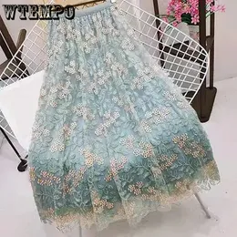 Gonne WTEMPO Ricamo estivo Maglia floreale Gonna lunga Donna Elastico a vita alta A Lien Tulle Gonne verdi Gonna da tennis casual coreana 230504