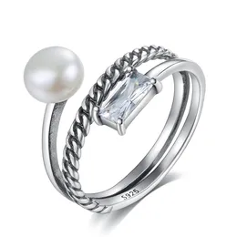 Retro Freshwater Pearl 3A Zircon Open Ring Women Fashion Massion Grand Zircon S925 Silver Ring Charm Perme Wedding Party Jewelry Valentine's Gift