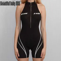 Kvinnors jumpsuits rompers meqeiss nya kvinnor jumpsuit fitness mode brev tryck mager bodysuit sportkläder turtleneck ärmlös casual randig rompers t230504