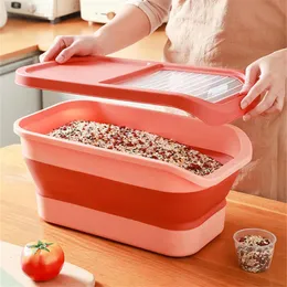 Organização grande capacidade balde de arroz dobrável cozinha casa caixa de armazenamento de grãos à prova de insetos cereais organizador recipiente de alimentos para animais de estimação frasco selado