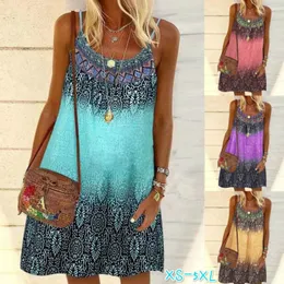 Vestido de baile para mulheres Mulheres de verão Spaghetti Strap O-pescoço a-linha mini vestido de balanço boho vintage estampa floral colorida solta praia cami