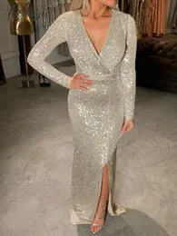 Party Dresses Silver fullärm V Neck Sequined Prom Gown Low Cut Split Leg Beige Wrapped Evening Maxi Dress Gold Black Green Spring 230504
