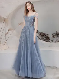 Haze Blue Cocktail Dresses Spaghetti Strap Off Shoulder Sequined A-Line Long Ruched Appliques Lace-Up Banquet Party Evening Gown