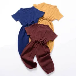 Clothing Sets Summer Kids Girls Linen Cotton Short Sleeve Pants Solid Color Jumpsuit Baby Clothes Children Suits 230504