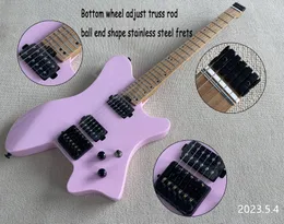 STOCK Headless Electric Guitar Black Parts HH Black Open Pole Pickups No Pickup Rings PINK Finished Ball End Stainless Steel Fr