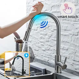 Waschbeckenarmaturen DQOK Küchenarmatur Ausziehbarer Sensor aus gebürstetem Nickel Edelstahl Schwarz Smart Induction Mixed Tap Touch Control 230504
