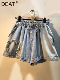 Damen-Shorts DEAT Spring Women's Diamond Intarsed Love Pattern Jeans High Waist Loose Fit Elastic Wide Leg Denim Shorts Female 11XX0190 230504