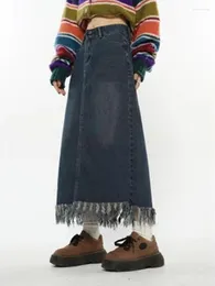 Kjolar y2k kvinnor koreanska retro blå hajuku knä längd midi lång denim kjol grunge jeans tassel maxi gyaru kläder