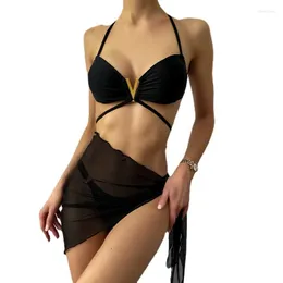 Women's Swimwear Women's 3 Piece Swimsuit Brazilian String Cheeky Halter Bikini Set With Beach Skirt