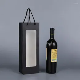 Gift Wrap Single Wine Bottle Bag Kraft Paper Handbag With Window Translucent Beer Champagne Drinks Packaging Wedding Party Pocket