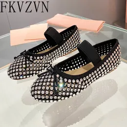 Klänningskor Fashion Mesh Crystals Flats One Belt Bowtie Ladies Rhinestones Mule Outwear Black Leather for Women 230503