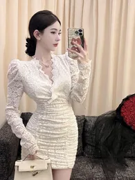Casual Dresses 2023 Temperament Wrinkle Lace For Women Sexy V Neck Korean Mini Slim Sheath Bodycon Summer Dress Party Vestidos