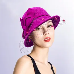 Berets Fashion Autumn Winter Women's Fedora Caps With Veil Warm And Windproof Bucket Flower Wool Felt HatBerets