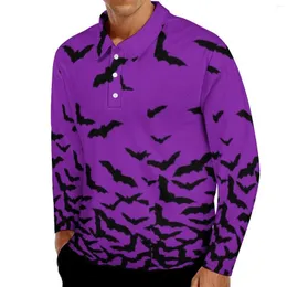 メンズポロスゴシックスプーキーポロシャツ秋の紫色のコウモリプリントカジュアルロングスリーブカラースタイリッシュなグラフィック特大のTシャツ