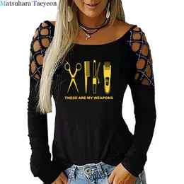 T-shirt Forbici da barbiere Arma T-shirt a maniche lunghe da donna T-shirt da donna su collo Abbigliamento Top Scavando Top Tees Autunno primavera