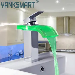 Bathroom Sink Faucets YANKSMART Single Handle Bacia Torneira LED 3 Colors Waterfall Chrome Deck Mount Wash Basin Mixer Tap1