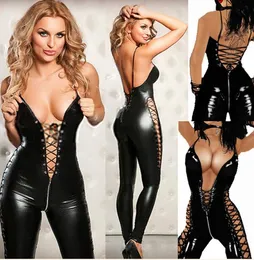 Girl Sexy Nightclub Catsuit Zipper Patent Leather Fun Jumpsuit