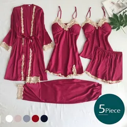 Women's Sleepwear Pajama Set Women Lace Trim Satin Sleepwear Pyjamas Pour Femme Summer Nightwear With Pants Casual Home Wear Kimono Robe Gown 230503