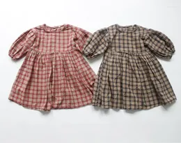 Girl Dresses Fall Winter Korean Style Baby Girls Cotton Linen Lantern Sleeve Children Clothes Kids Plaid