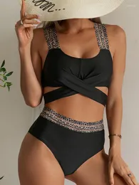 ملابس السباحة للسيدات بيكيني 2023 نساء ضمادة سوداء ضمادة مرتفعة عالية الخصر مثير البيكيني