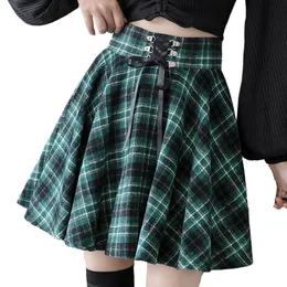 Spódnice gotycka punkowa harajuku kobiet spódnica w kratę koronkową koronkową hip -hop zima swoboda zielona szary czerwony goty plisowane wełniane łyżwiarki Streetwear 230504