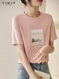 티셔츠 Vimly Summer Tshirt for Women 2022 스트레이트 캐주얼 한 oneck면 짧은 슬리브 경치 패턴 톱 한국 여성 의류 v2900