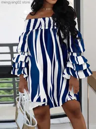 Freizeitkleider LW Schulterfrei Gestreiftes Mehrlagiges Cascading Dress Print Volant Design Patchwork Damen Vestidos Color Block Outfits T230504