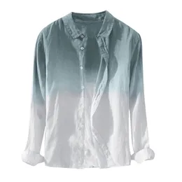 メンズカジュアルシャツメンサマーシャツ長袖ハワイアンブラウスハワイアンクールな薄い通気性のあるレーペルカラー吊り下げられた染色グラデーションコットンシャツ230504