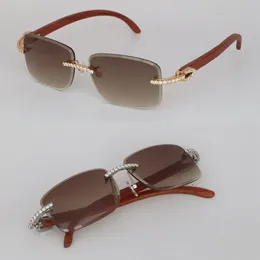 Nya modellglasögon Handgjorda inställning av lyxiga Moissanite Diamond Set Rimles trä solglasögon för män Kvinnor Original Träkroppar Diamond Cut Sun Glasses Storlek 58