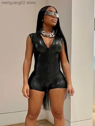 Kadın Tulumları Saldırı Sisterlinda Parlak Pu Deri Fitness Ruspers Kadın Kılıç Deep V Gutt Zip Vücut Şekillendirme Tek Parça Playsuits Egzersiz Tulumları T230504