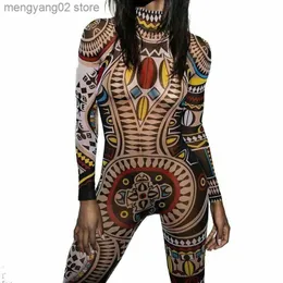 Women's Jumpsuits Rompers Woman Long Sleeve Tattoo Jumpsuit African Aztec Printed Mesh Bodysuit S-XL T230504