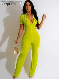 Women's Jumpsuits Rompers Neon Green Catch Flights Jumpsuit One Piece Women Clothing Clubwear Short Sleeve Pockets Details Jumpsuits Overalls T230504