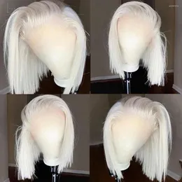 60# Grey White Platinum Blonde 13x4 Short Bob Human Hair Lace Front Wigs PrePlucked Bleached Knots With HD Transparent