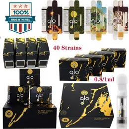 USA In Stock Newest Packaging Empty 40 Strains GLO Atomizers Extracts Vape Cartridges Oil Carts Dab Wax Pen Ceramic Coil Glass Thick 510 Thread Battery Vaporizer