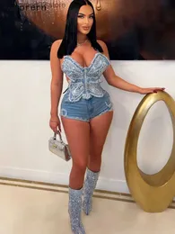 Kvinnors jumpsuits Rompers Vackra Fly Crystal Denim Shorts Two-Piece Set Ny Chic Sleevless Tie Back Butterfly Jeans Tracksuit Set Rave Wear T230504