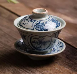 Tele AUFFICILE 1PCS Vintage Small Blue and White Gaiwan cinese Glassa antico jingdezhen ciotola di teiera tea