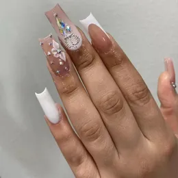 False Nails 24st. Tryck på Long Coffin Ballerina White French Fake with Designs Full Cover Rhinestones Gradient Nail Tips