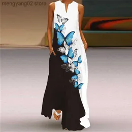 Sukienki imprezowe Kobieta bez rękawów sukienka maxi kwiatowy motyl nadrukowany v szyja długa s-5xl vlcq-1 t230504
