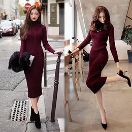 Casual Dresses Female Sexy Bodycon Slim Party Red Dress Women Winter Sweater Fashiont Turtleneck Long Sleeve Woll Warm Knitted