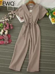 Damen Jumpsuits Strampler EWQ Süßer Stil Damen Jumpsuits Kordelzug Raffung Schnürung V-Ausschnitt Volltonfarbe Knopf Jumpsuit Frühling Sommer SN0525 230504