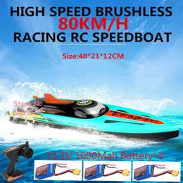 Elektrik/RC Tekneleri 80km/s Yüksek Hızlı Büyük Fırçasız Yarış RC Teknesi 200m 360 ° Direksiyon Çift Su Geçirmez 7 LED Işık Elektrikli RC Speedboat Model Oyuncak 230504