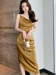 Casual Dresses Summer Women Elegant Retro Sexig Robe Gold Satin Camisole Slip Backless Folds Draped Slit Midi Dress Party Office Vestido