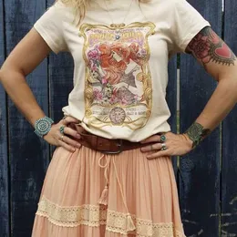 Tシャツkuakuayu hjnワイルドチャイルドデューティエンジェルプリントKhaki TシャツBoho Gypsy Girl Print Tshirt Tops Cottonアプリコットボヘミアントップ