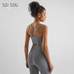 Yoga Outfit SOISOU New Nylon Yoga Set Damen Trainingsanzug Fitness Gym Zweiteiler Damen Sport BH Leggings Damen Sportwear Atmungsaktiv P230504