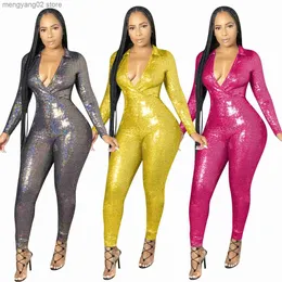 Kvinnors jumpsuits rompers Autumn Fall Womens Catsuit playisuits Deep V Neck Bodycon Lady Faux Leather Long Sleeve Sequin Jumpsuit T230504
