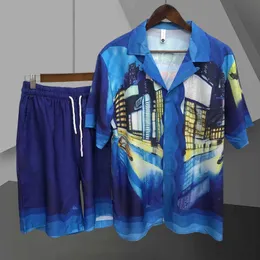Men's Casual Shirts 2023 Beach Loose Shirt Suit Night Cityscape Print Casual Short Cardigan Suit Men Chemise Homme Manche Court Pantaloni Tuta Uomo J230503