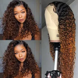 New Long Loose Deep Wave Human Hair Wigs for Black Women Ombre Brown /Blonde/Blue Colored Kinky Curly Synthetic Lace Front Wig Cosplay Party