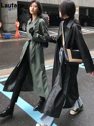 Women s Jackets Lautaro Spring Autumn Long Black Green Pu Leather Trench Coat for Women Sashes Loose Casual Waterproof Raincoat Korean Fashion 230503